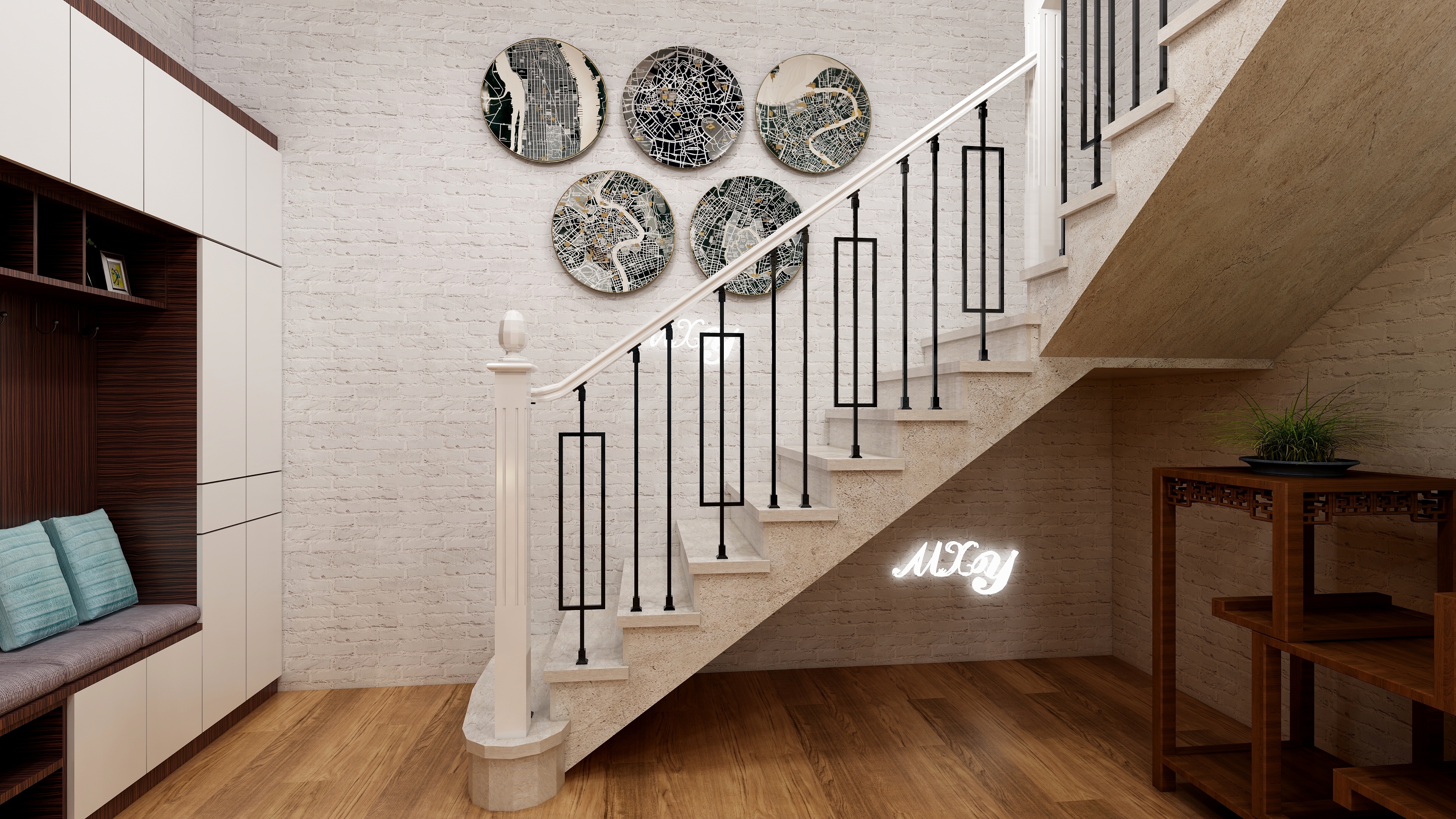 新中式分体001A亚光黑铁艺配亚光白扶手